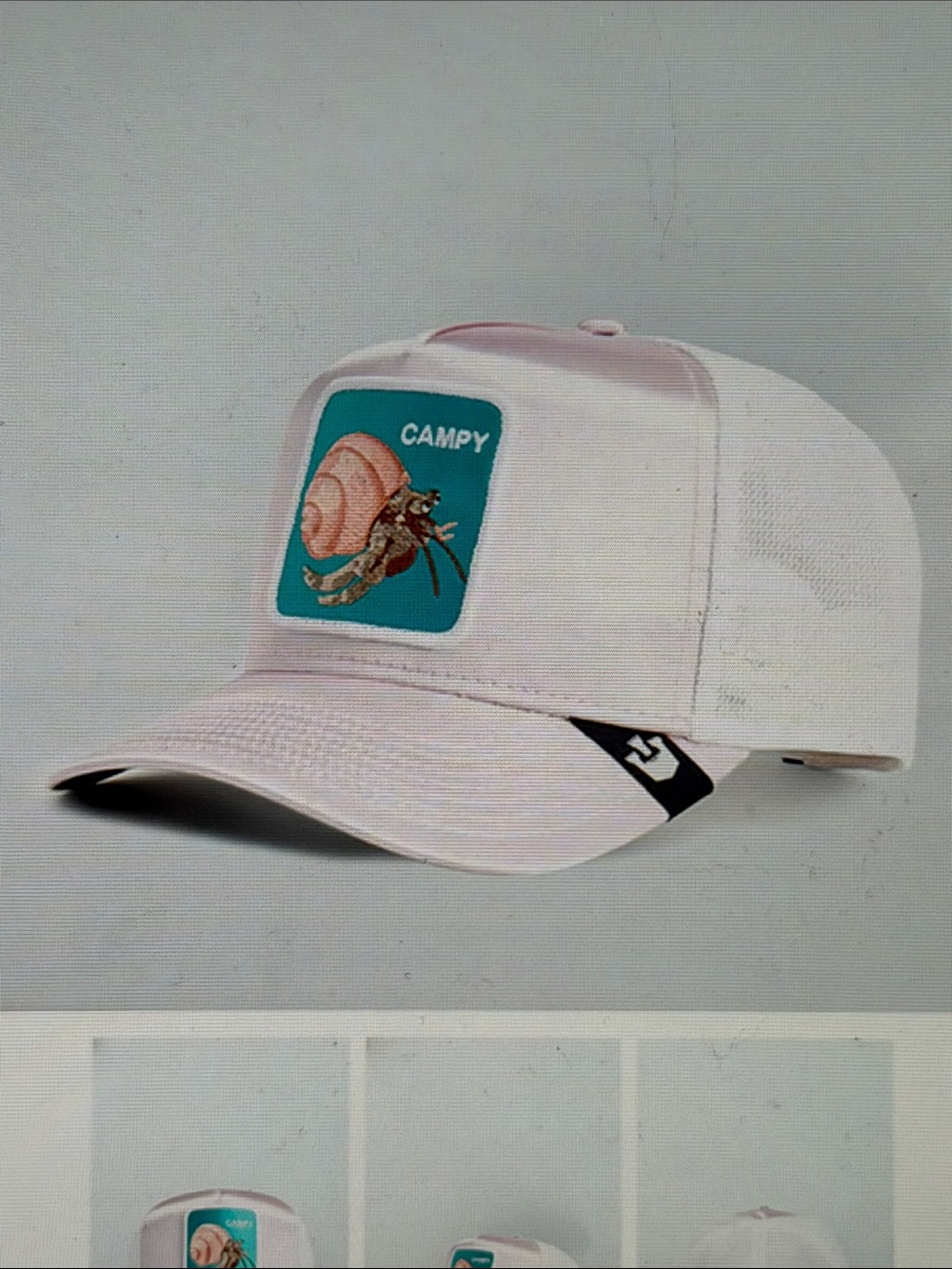 Goorin Bros Pale Pink Trucker Hat with Teal Hermit Crab Patch - Picture 2 of 5